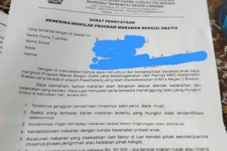 Beredar surat pernyataan menerima/menolak MBG dengan potensi risiko. (Foto:X@ubegebe1)